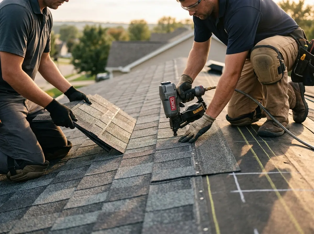 Professional roofer working on a residential roof in Lucas Valley-Marinwood